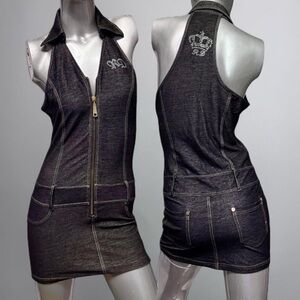 Redial Vintage Y2K Denim-Look Halter Mini Dress W/ Rhinestone Logos
